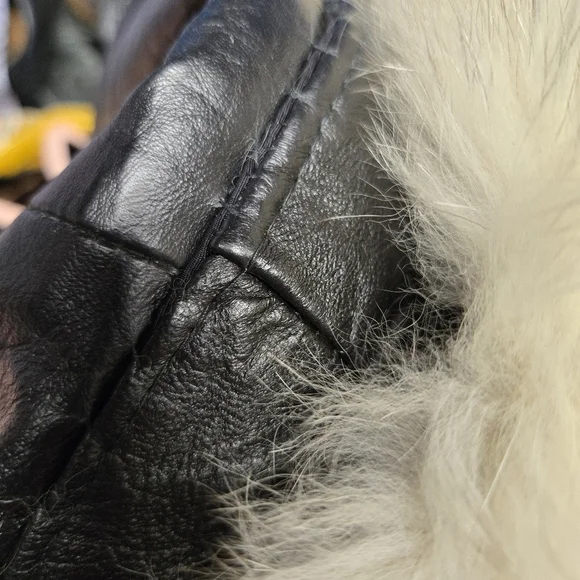 Vtg 60s Black Leather Fur Collar Cuffs Penny Lane Coat - Picture 10 of 13